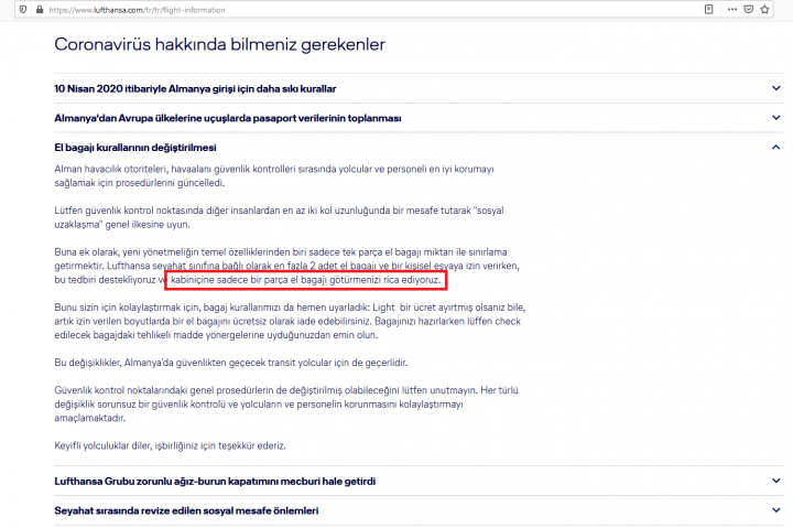 Lutfhansa Kabin Bagajı Yasağı